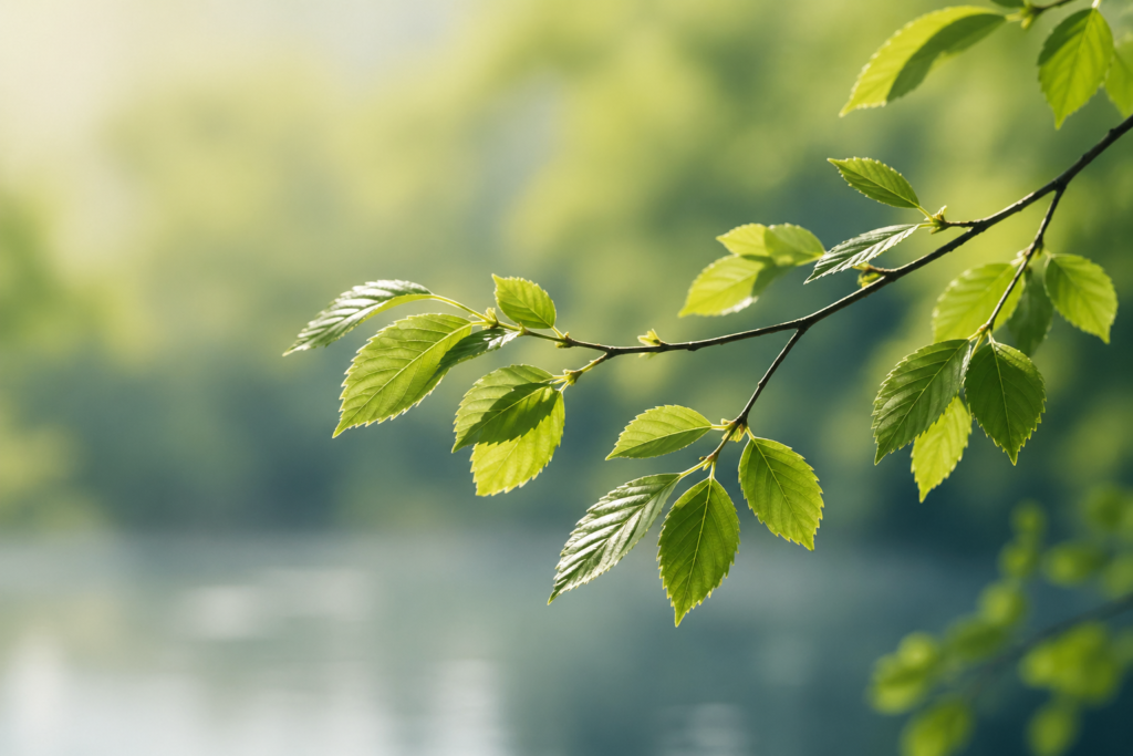 A delicate green branch with leaves softly moving in the wind, symbolizing mindfulness and present-moment awareness